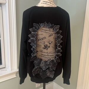 Afffair Black Sweatshirt | appliqué roses w/ mesh back cutout | SZ S | Like New